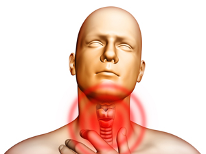 Medical illustration showingt pain located in the throat area. Digital illustration.